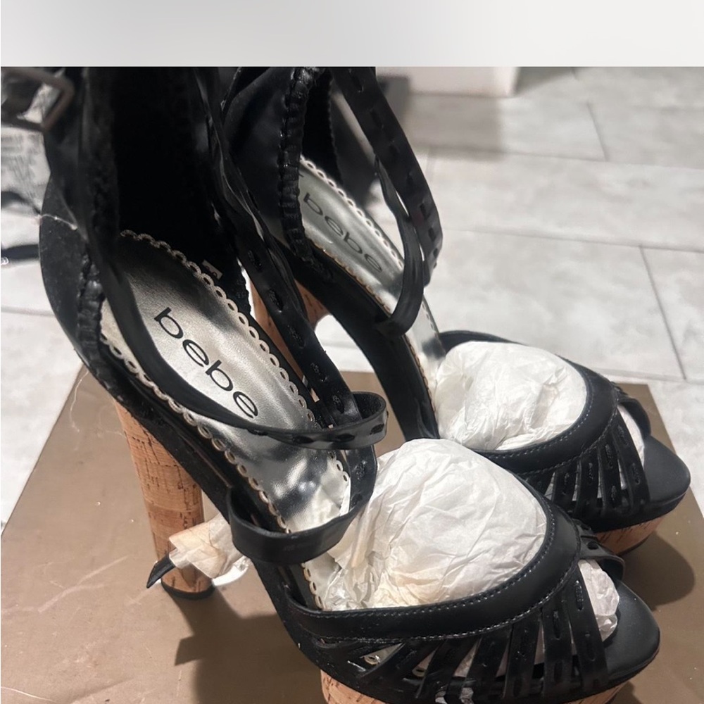 Bebe Black Strappy Heels with Cork Detail
